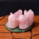 Couple de Canards Mandarins en Quartz Rose sur socle en Aventurine Verte.